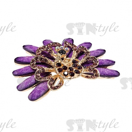 Брошь со стразами,  размер 65х52 мм, цвет золото+фиолетовые стразы, застежка булавка фото 2