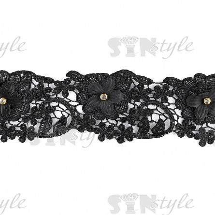 Кружево ажурное с отделкой, на тонкой ажурной основе цветочная гирлянда  стразой в центре каждого цветка, ширина 90 мм, намотка 10 ярдов, цвет черный фото 2