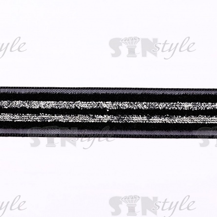 Лента бархатная с люрексом, ширина 15 мм, цвет черный+серебряный, намотка 50 ярдов фото 2