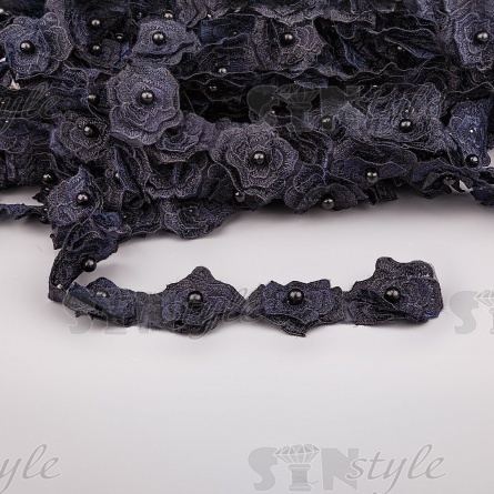 Кружево "Цветочки" украшено бусиной , на капроновой ленте, ширина 55 мм, цвет темно-синий, намотка 20 ярдов фото 1