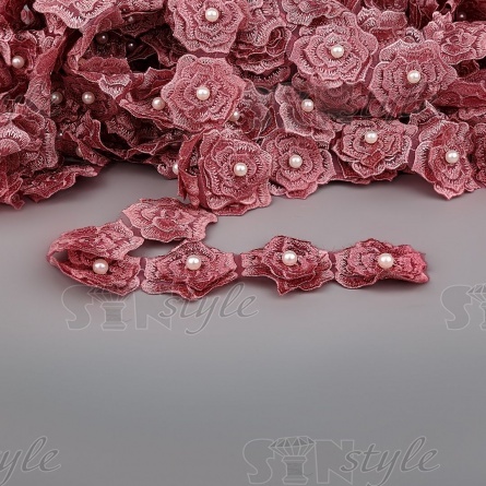 Кружево "Цветочки" украшено бусиной ,на капроновой ленте, ширина 55 мм, цвет старо-розовый (55) , намотка 20 ярдов фото 1