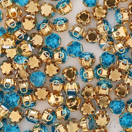 Стразы пришивные акриловые в цапах, форма круг, цвет золото+голубой, диаметр 7 мм, 720 шт/уп. фото 3