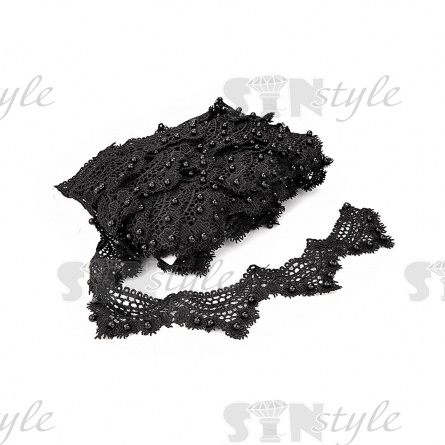 Кружево ажурное с отделкой, на нежнейшем тонком переплетении гирлянда мелких цветочков по краю изделия с бусиной в центре цветка, ширина 70 мм, намотка 15 ярдов, цвет черный фото 3