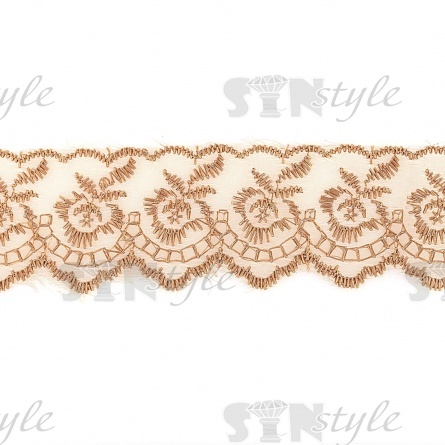 Кружево декоративное, нежная вышивка на тонкой капроновой основе, ширина 40 мм, цвет горчичный (67), намотка 10 ярдов  фото 1