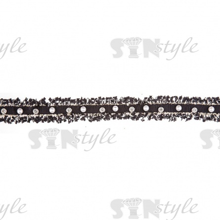 Тесьма-букле черного цвета, расшитая белыми бусинами и стразами, ширина 30 мм, намотка 15 ярдов  фото 1