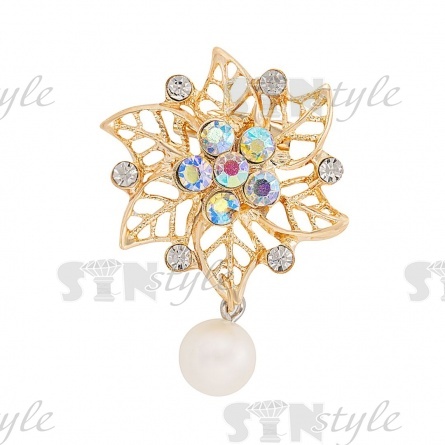 Брошь с подвеской, застежка булавка, цвет серебряный+радужные стразы, размер 30х48 мм фото 1