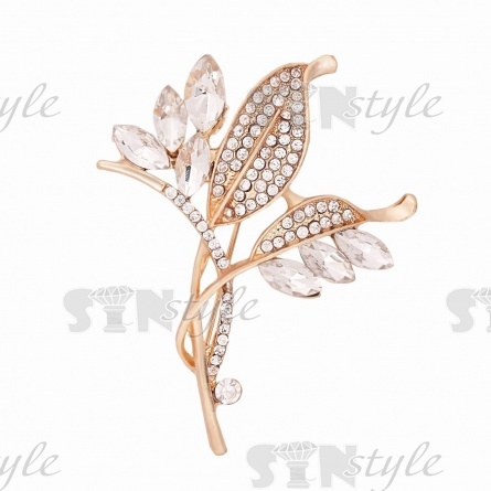 Брошь металлическая со стразами, цвет золото+белые стразы,застежка булавка, размер 48х60 мм фото 1