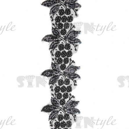 Кружево на сетке с растительным орнаментом, расшитое пайетками и микробисером, ширина 70 мм, цвет черный, намотка 10 ярдов  фото 1