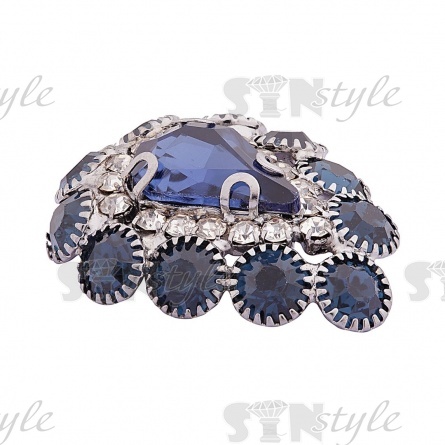 Пуговица металлическая на ножке, размер 20ммх25мм, цвет темный никель + белые и темно-синие стразы фото 2