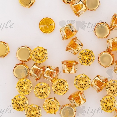 Стразы пришивные стеклянные в цапах, форма круг, цвет золото+желтый, диаметр 8 мм фото 3