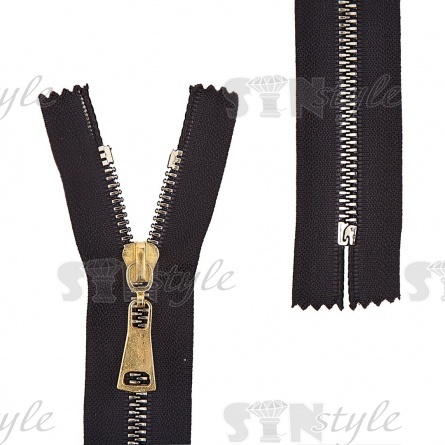 Молния трактор, тип 5, неразъемная, основа нейлон, длина 16 см, цвет 322 (черный), звенья металлизированные, цвет золотистый, бегунок золото фото 1