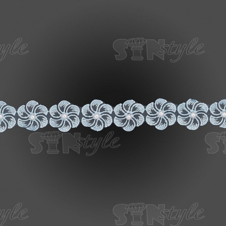 Кружево "Цветочки" на капроновой ленте, ширина 35 мм, цвет голубой+белые бусины, намотка 20 ярдов фото 2