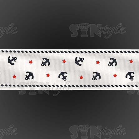 Лента репсовая, с принтом "якоря", ширина 40 мм, цвет белый+синий+красный, намотка 20 ярд фото 3