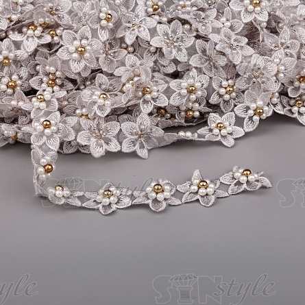 Кружево "Цветочки" украшено бусинами, на капроновой ленте, ширина 30 мм, цвет серый, намотка 20 ярдов фото 1