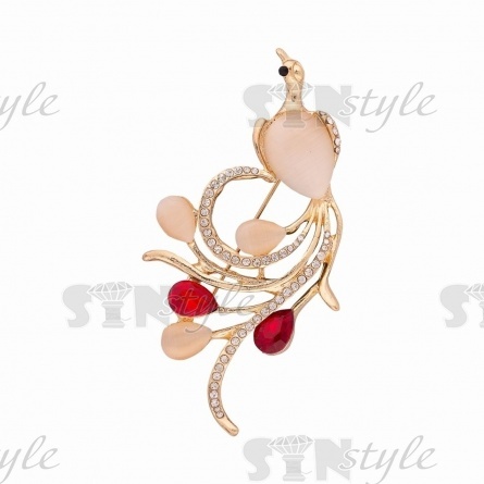 Брошь металлическая со стразами, застежка булавка, золото+белые/красные стразы, размер 40х66 мм фото 2