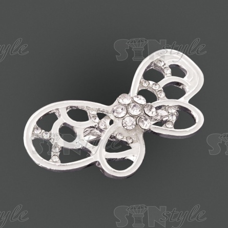 Брошь металлическая со стразами, застежка булавка, цвет никель+белые стразы, размер 40х20 мм фото 2