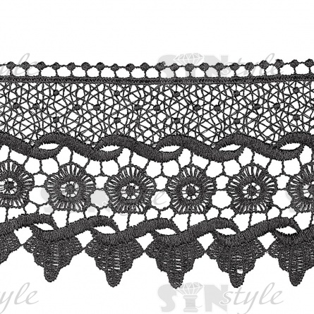 Кружево ажурное, нежная цветочная гирлянда с причудливым узором по краю изделия, ширина 95 мм, цвет черный, намотка 15 ярдов фото 1
