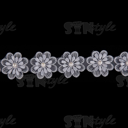 Цветочки из капроновой ленты, ширина 55 мм, намотка 20 ярдов, цвет серый (№ 32)+белые бусины фото 2