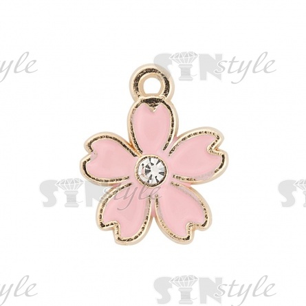 Подвеска металлическая "Цветок", цвет золотой+розовая эмаль и белая страза, размер 12 мм фото 1