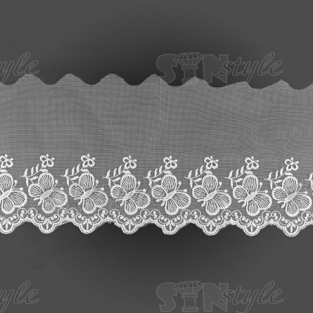 Кружево на сетке белого цвета с белой вышивкой, ширина 185 мм, намотка 15 ярдов фото 2