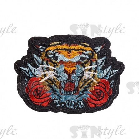 Термоаппликация "Тигр", размер 85х60 мм, цвет красный+желтый+голубой/основа черная фото 1