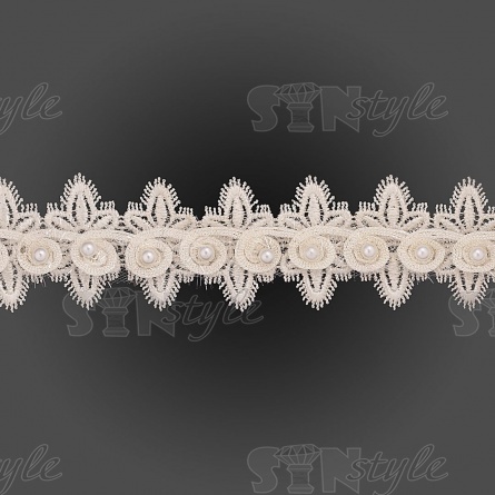 Кружево ажурное с отделкой,  на нежной ажурной основе россыпь бутонов розочек с бусиной в середине цветка, ширина 45 мм, намотка 15 ярдов, цвет шампань  фото 1