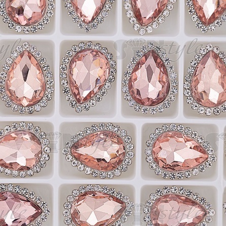 Стразы пришивные стеклянные в оправе, форма капля, цвет серебро+пудровый+белый, размер 10х14 мм фото 3