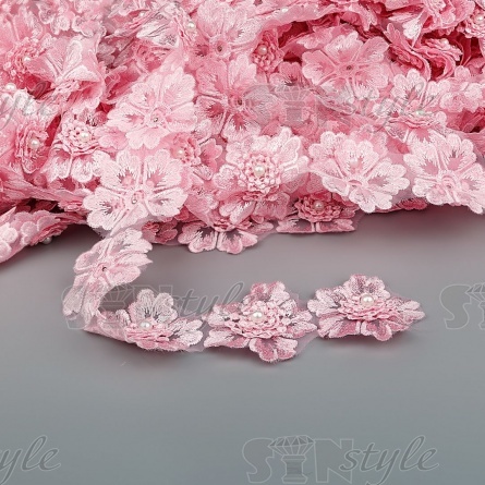 Цветочки из капроновой ленты, размер 55 мм, цвет розовый+белая бусина, намотка 20 ярдов, 17 шт/ярд фото 1