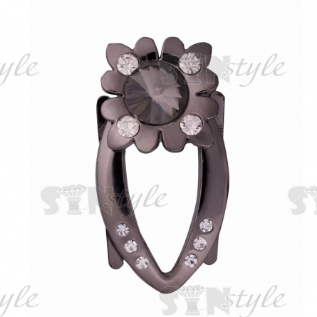 Брошь металлическая, крепление усики, размер 40х22мм, цвет темный никель+белые и черные стразы фото 1