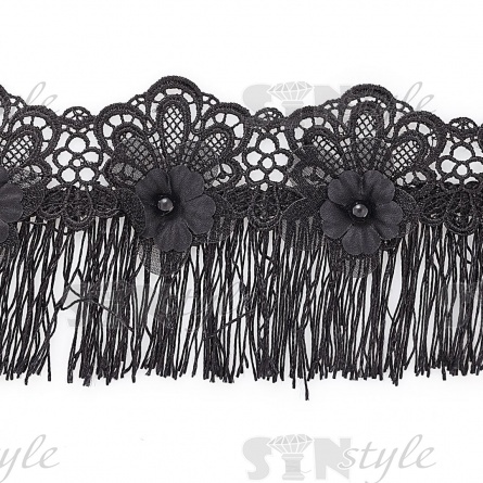 Кружево ажурное с отделкой, на нежной  кружевной основе россыпь цветов с бусиной в центре и тонкой бахромой по всей длине, ширина 80 мм, намотка 10 ярдов, цвет черный  фото 2