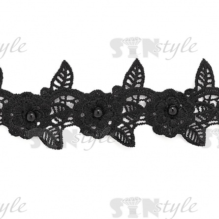 Кружево "Цветочное", на тонкой ажурной основе россыпь объемных цветов с бусиной в середине, ширина 60 мм, цвет черный, намотка 15 ярдов  фото 2