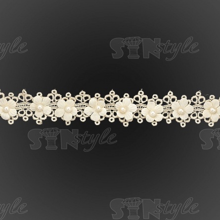 Кружево ажурное с цветами и бусинами, ширина 30 мм, намотка 10 ярдов, цвет шампань фото 1