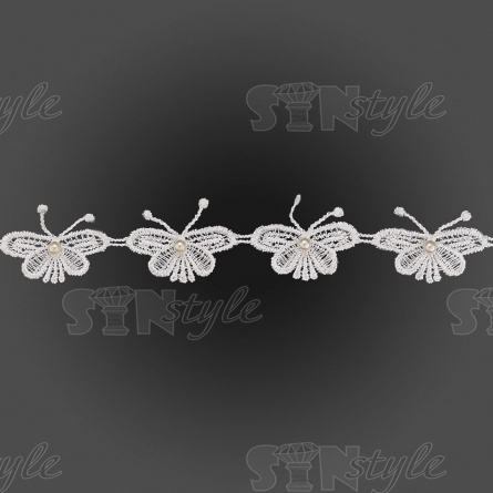 Кружево "Бабочка", нежная гирлянда из ажурных бабочек с бусиной в середине, ширина 45 мм, намотка 15 ярдов, цвет белый фото 1