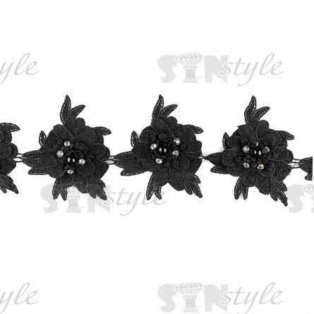 Объёмное "Цветочное" кружево, украшенное черными бусинами и белыми стразами, ширина 140 мм, цвет черный, намотка 15 ярдов фото 2
