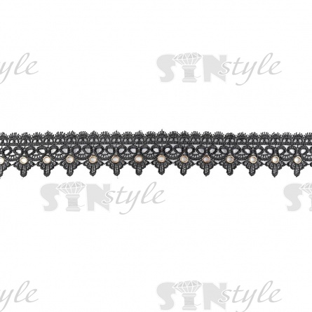 Кружево ажурное с тонким восточным оррнаментом, украшено золотыми люверсами, ширина 55 мм, намотка 15 ярдов, цвет черный фото 1