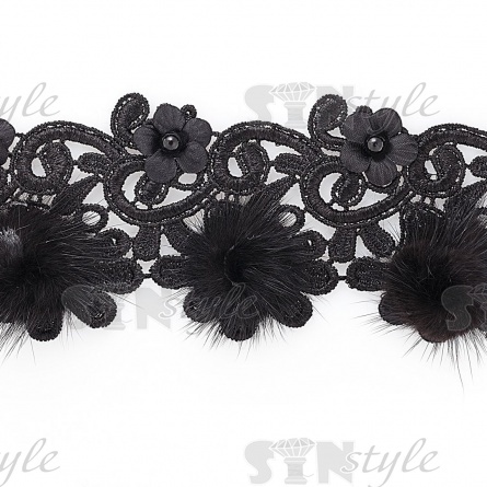 Ажурное кружево с натуральным мехом, цветами и бусинами в цвет кружева, ширина 60 мм, намотка 10 ярдов, цвет черный фото 2