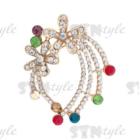 Брошь металлическая со стразами, застежка булавка, цвет золото+белые/цветные стразы, размер 44х55 мм, цвет золото фото 1