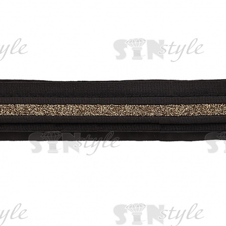 Декоративная тесьма отделочная с полоской из металлизированной золотой нити, цвет черный, ширина 38 мм, намотка 15 ярдов фото 2