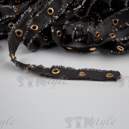 Декоративная тесьма с люверсами, цвет черный+серебро, ширина 25 мм, намотка 50 ярдов фото 1