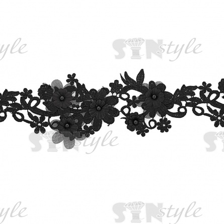 Кружево "Цветочное", воздушная цветочная гирлянда с бусиной в центре каждого цветка, ширина 85 мм, намотка 10 ярдов, цвет черный фото 1