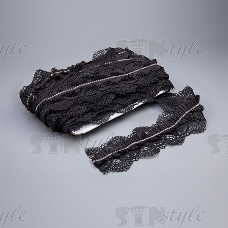 Кружево ажурное с отделкой, на нежной кружевной основе тонкий капроновый рюш с ниткой блестящих белых стразин, ширина 65 мм, намотка 15 ярдов, цвет черный  фото 2