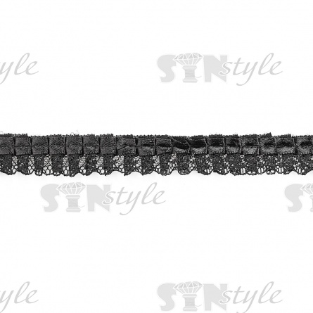 Сборка из тонкого кружева, отделанная атласной лентой, цвет черный, ширина 20 мм, намотка 15 ярдов  фото 1