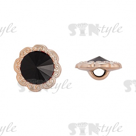 Пуговица пластиковая на ножке, круглая с ажурным бортиком, основа золотая, вставка в виде черной стразы, 28L фото 1