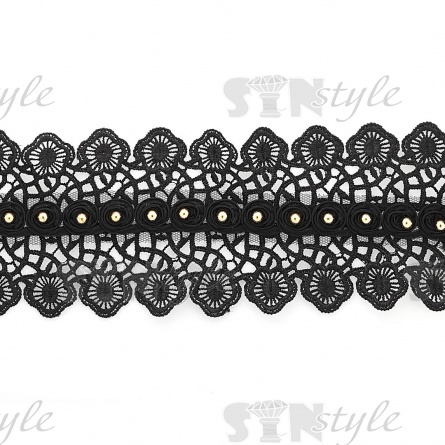 Кружево ажурное, дополненное скрученной капроновой лентой и золотыми бусинами, ширина 87 мм, намотка 15 ярдов, цвет черный фото 2