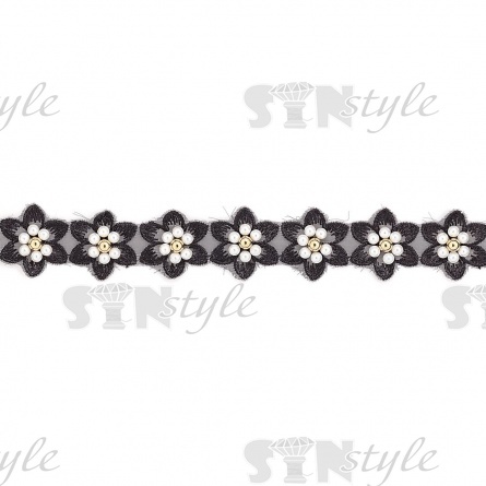 Кружево "Цветочки" украшено бусинами контрастного цвета,на капроновой ленте, ширина 30 мм, цвет черный, намотка 20 ярдов фото 2