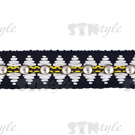 Декоративная тесьма отделочная с заклепками, ширина 20 мм, цвет синий+белый+никель, намотка 15 ярдов фото 2