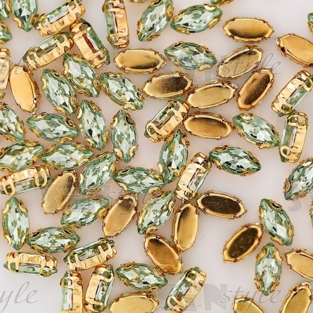 Стразы пришивные акриловые в цапах, форма лодочка, цвет золото+светло-зеленый, размер 5х10 мм, 200 шт/уп. фото 3