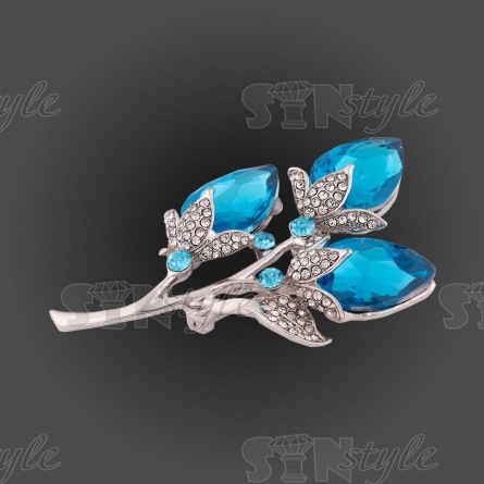 Брошь металлическая, застежка булавка, размер 35 мм х 60 мм, цвет серебро+синие и белые стразы фото 2