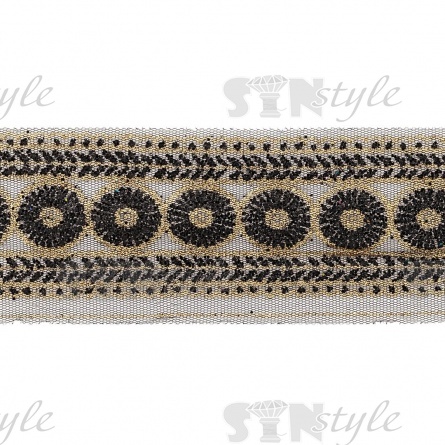 Кружево на черной сетке с золотым и черным глиттером, ширина 75 мм, намотка 15 ярдов фото 2