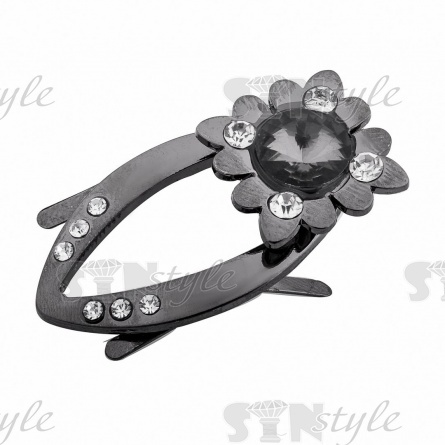 Брошь металлическая, крепление усики, размер 40х22мм, цвет темный никель+белые и черные стразы фото 2